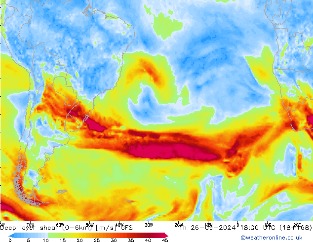 Deep layer shear (0-6km) GFS Čt 26.09.2024 18 UTC