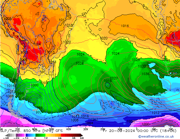 SLP/Temp. 850 hPa GFS Fr 20.09.2024 00 UTC