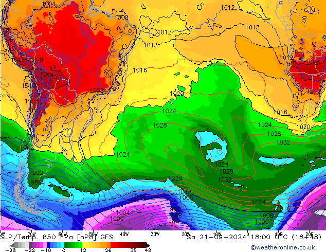 SLP/Temp. 850 hPa GFS Sa 21.09.2024 18 UTC