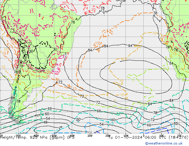 Yükseklik/Sıc. 925 hPa GFS Sa 01.10.2024 06 UTC