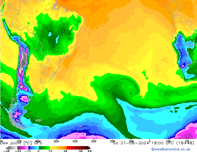 Punto di rugiada GFS sab 21.09.2024 18 UTC