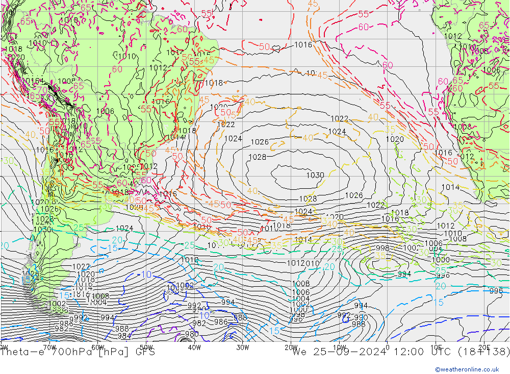 Theta-e 700hPa GFS We 25.09.2024 12 UTC