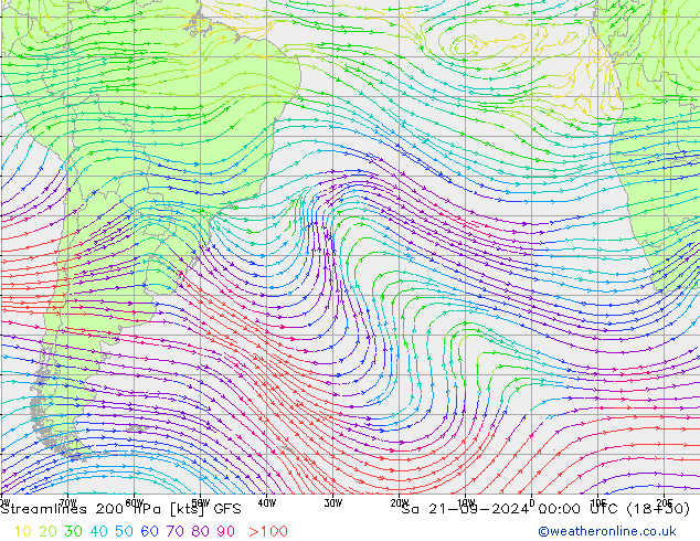 Linia prądu 200 hPa GFS so. 21.09.2024 00 UTC