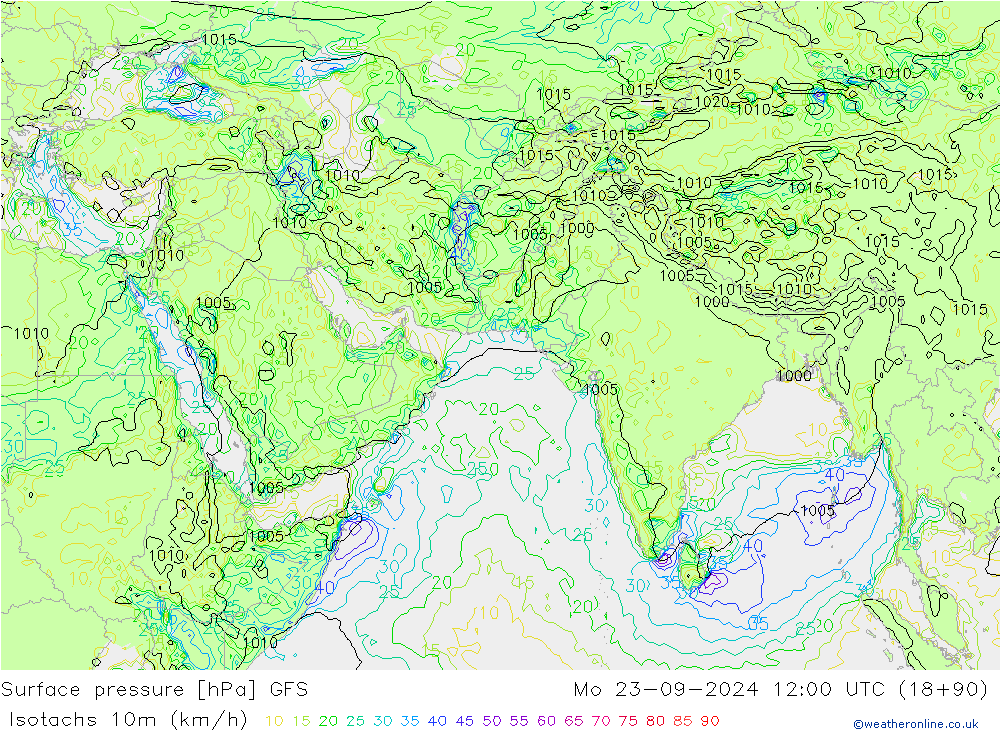 Isotachs (kph) GFS Seg 23.09.2024 12 UTC