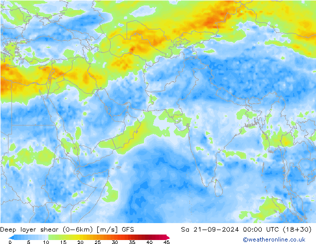 Deep layer shear (0-6km) GFS so. 21.09.2024 00 UTC