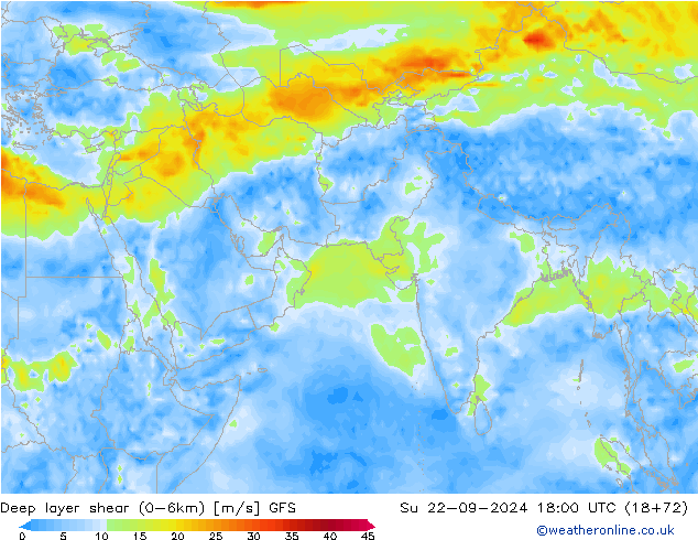 Deep layer shear (0-6km) GFS  22.09.2024 18 UTC