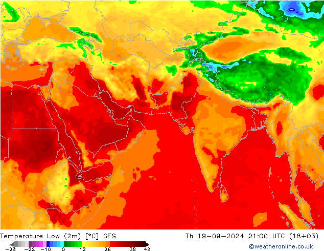 Nejnižší teplota (2m) GFS Čt 19.09.2024 21 UTC