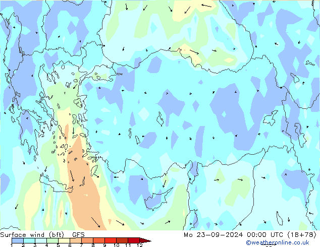 Vento 10 m (bft) GFS Seg 23.09.2024 00 UTC