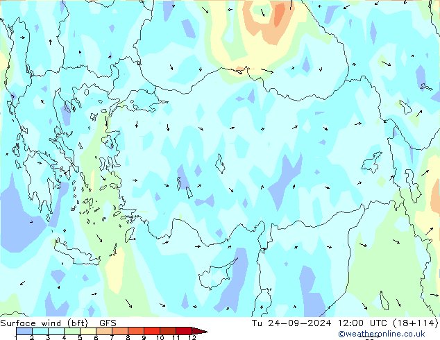 Rüzgar 10 m (bft) GFS Sa 24.09.2024 12 UTC