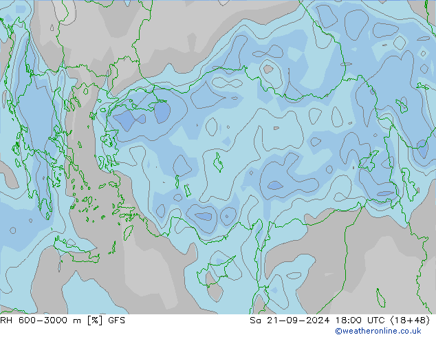 Humidité rel. 600-3000 m GFS sam 21.09.2024 18 UTC