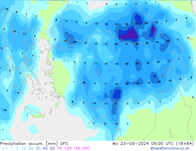 Precipitation accum. GFS pon. 23.09.2024 06 UTC