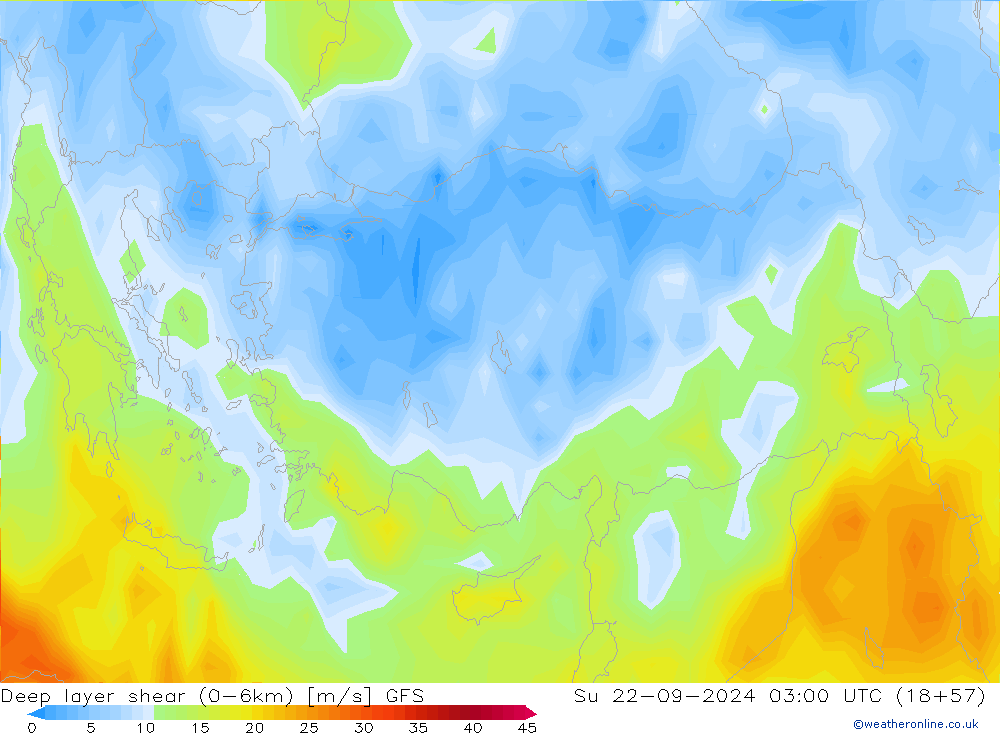 Deep layer shear (0-6km) GFS Paz 22.09.2024 03 UTC