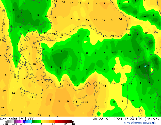 Point de rosée GFS lun 23.09.2024 18 UTC