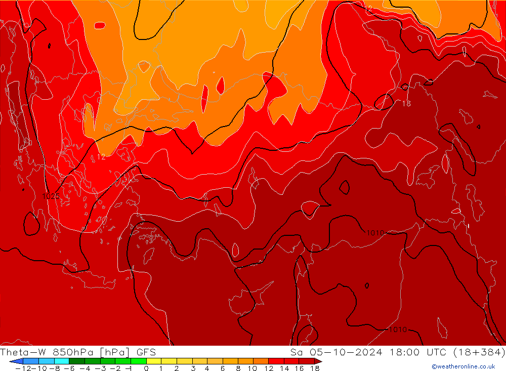 Theta-W 850hPa GFS sam 05.10.2024 18 UTC