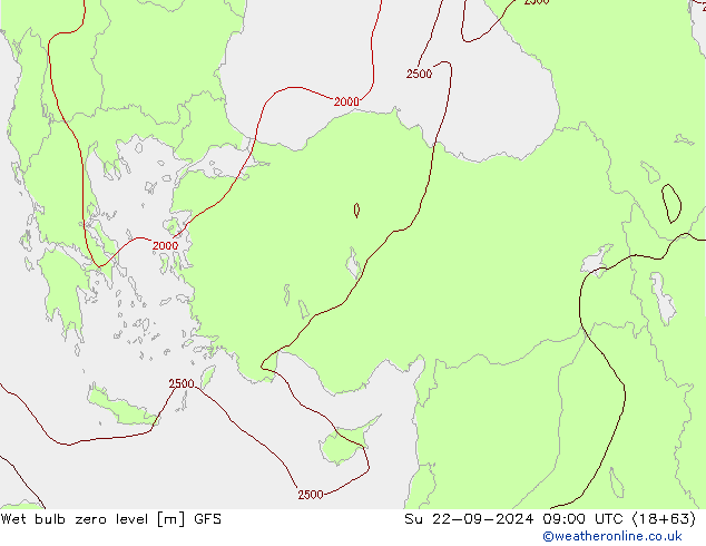 Wet bulb zero level GFS Вс 22.09.2024 09 UTC