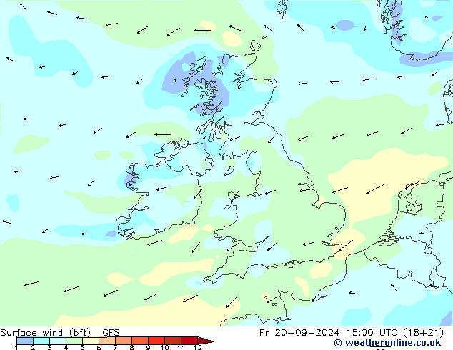 Viento 10 m (bft) GFS vie 20.09.2024 15 UTC