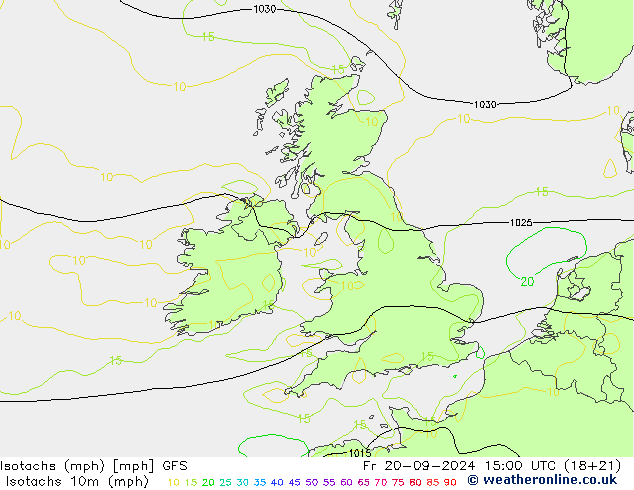 Isotaca (mph) GFS vie 20.09.2024 15 UTC