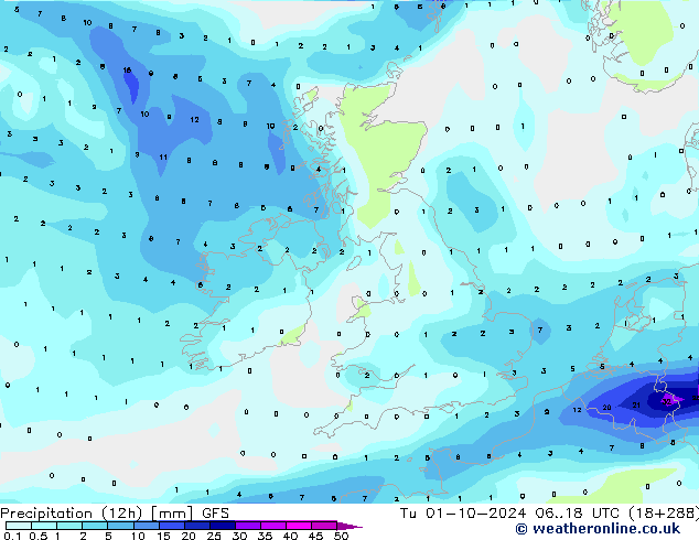 Precipitation (12h) GFS Tu 01.10.2024 18 UTC