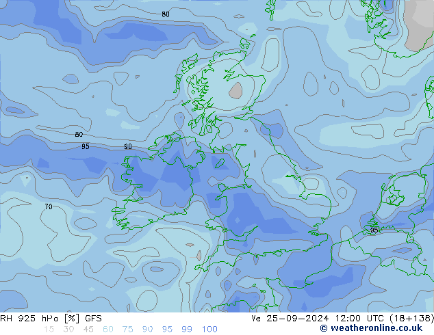 RH 925 гПа GFS ср 25.09.2024 12 UTC