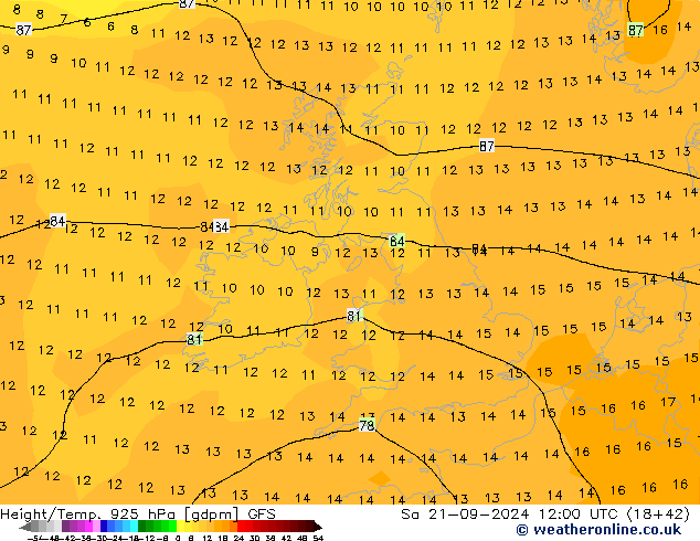 Height/Temp. 925 hPa GFS Sáb 21.09.2024 12 UTC
