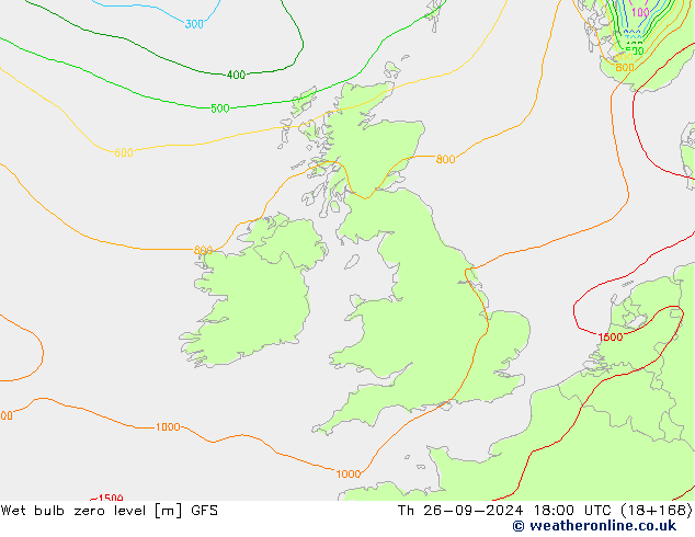 Wet bulb zero level GFS czw. 26.09.2024 18 UTC