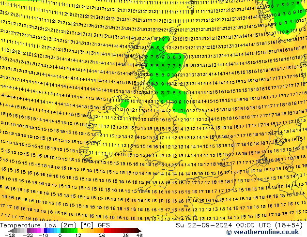 Temperature Low (2m) GFS Su 22.09.2024 00 UTC