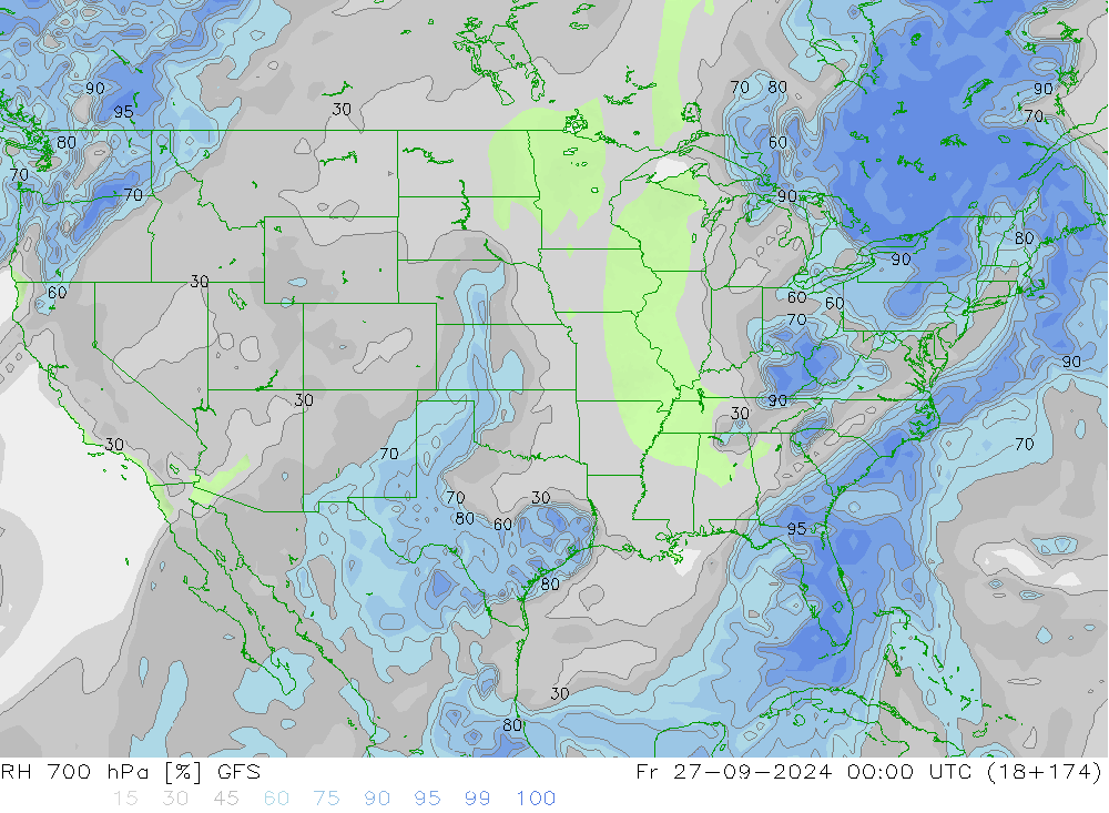 RH 700 гПа GFS пт 27.09.2024 00 UTC