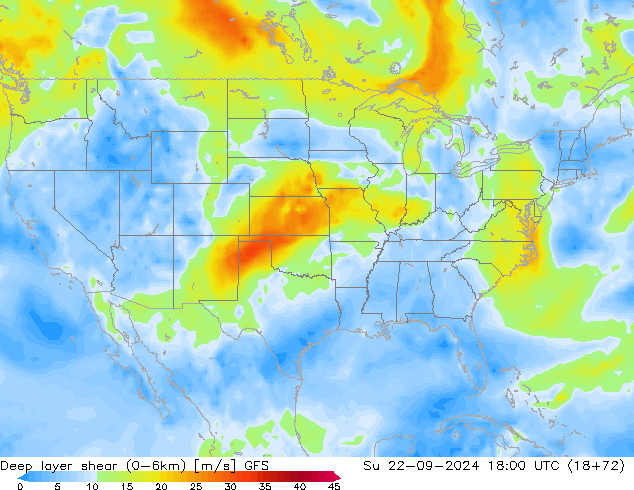 Deep layer shear (0-6km) GFS  22.09.2024 18 UTC