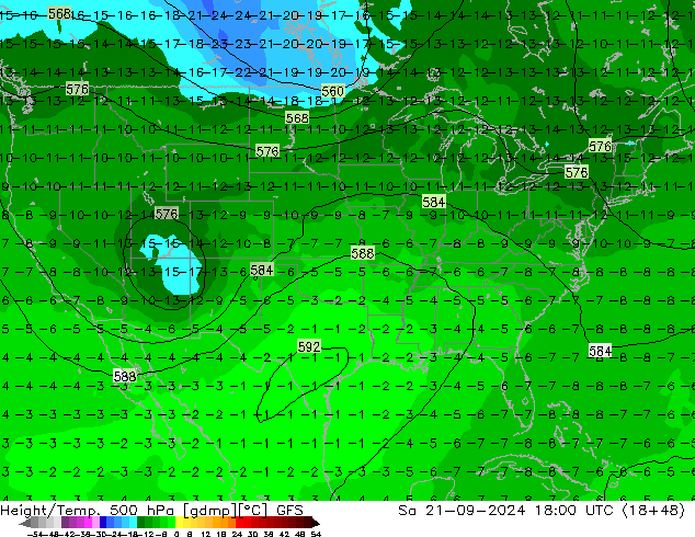 Height/Temp. 500 hPa GFS Sa 21.09.2024 18 UTC