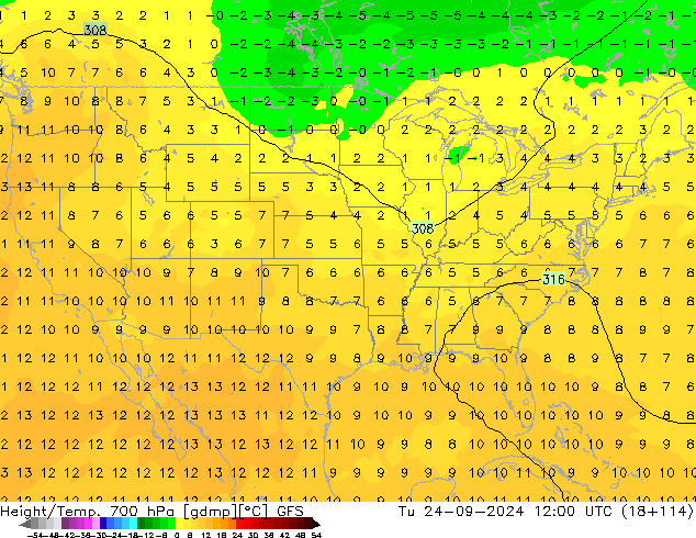 Height/Temp. 700 hPa GFS wto. 24.09.2024 12 UTC