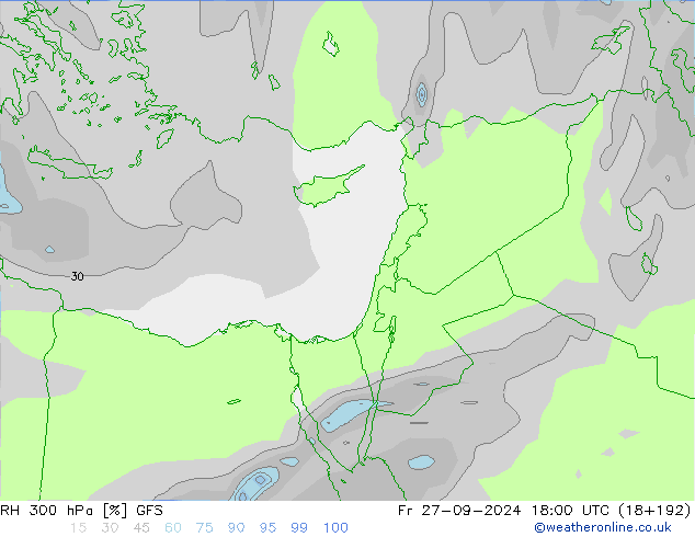 Humedad rel. 300hPa GFS vie 27.09.2024 18 UTC