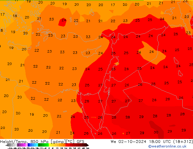 Height/Temp. 850 hPa GFS Mi 02.10.2024 18 UTC