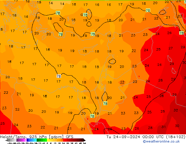 Hoogte/Temp. 925 hPa GFS di 24.09.2024 00 UTC