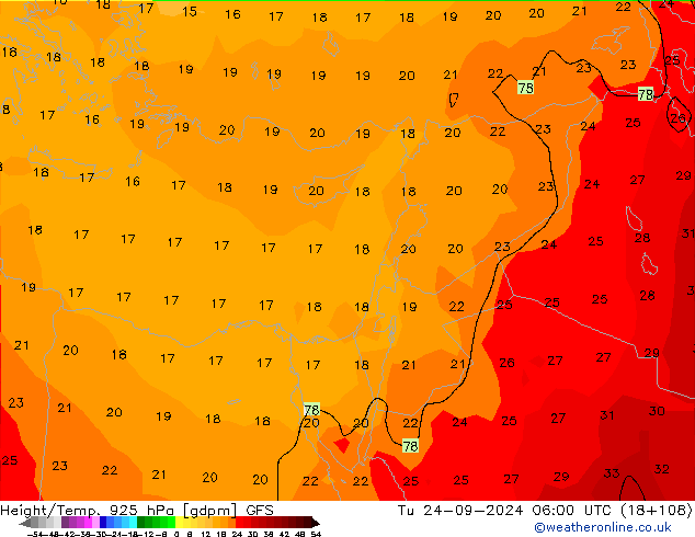 Height/Temp. 925 hPa GFS  24.09.2024 06 UTC