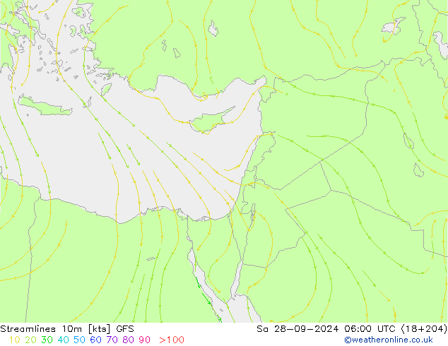 Linia prądu 10m GFS so. 28.09.2024 06 UTC