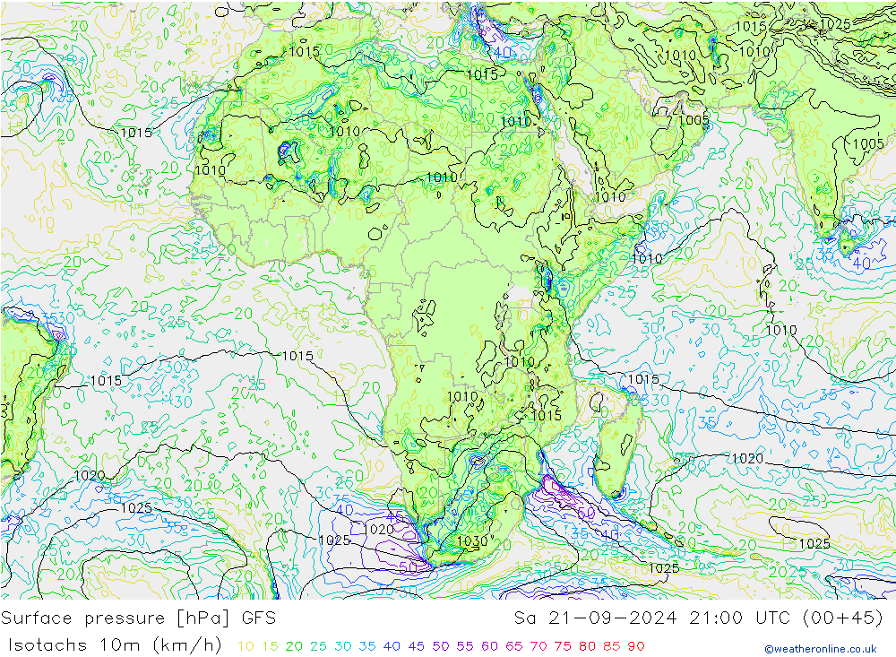 Eşrüzgar Hızları (km/sa) GFS Cts 21.09.2024 21 UTC