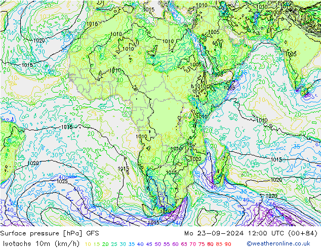 Isotachs (kph) GFS Seg 23.09.2024 12 UTC