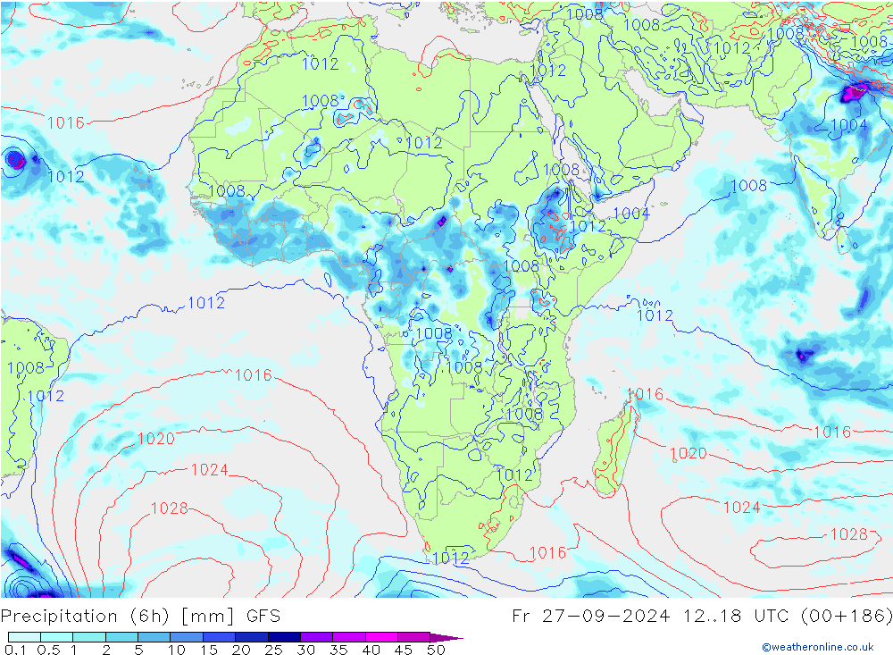 Precipitación (6h) GFS vie 27.09.2024 18 UTC