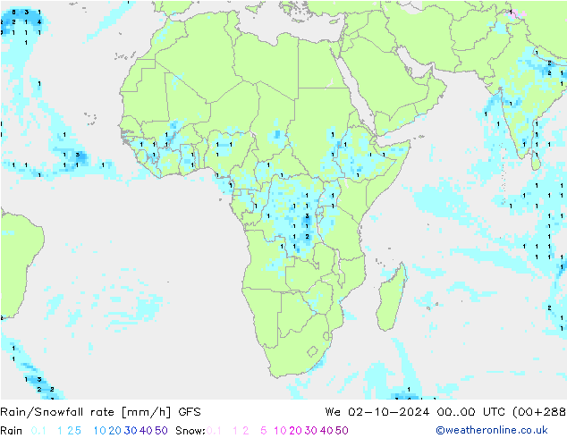 Rain/Snowfall rate GFS śro. 02.10.2024 00 UTC