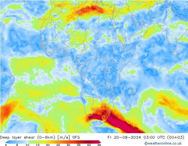 Deep layer shear (0-6km) GFS Fr 20.09.2024 03 UTC