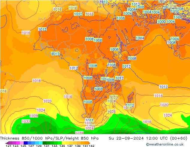 Dikte 850-1000 hPa GFS zo 22.09.2024 12 UTC