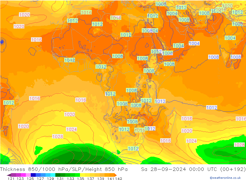 Thck 850-1000 гПа GFS сб 28.09.2024 00 UTC