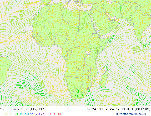 Linia prądu 10m GFS wto. 24.09.2024 12 UTC