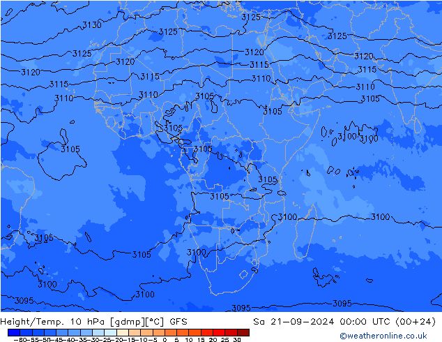 Height/Temp. 10 hPa GFS sab 21.09.2024 00 UTC