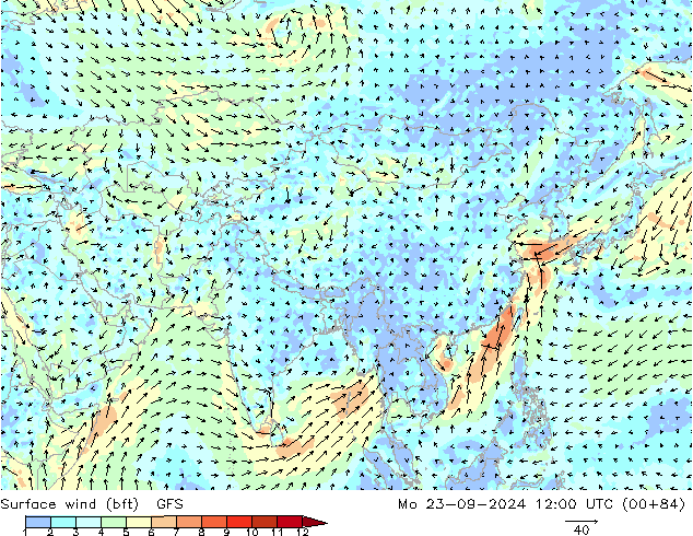 ве�Bе�@ 10 m (bft) GFS пн 23.09.2024 12 UTC