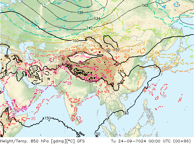 Height/Temp. 850 гПа GFS вт 24.09.2024 00 UTC