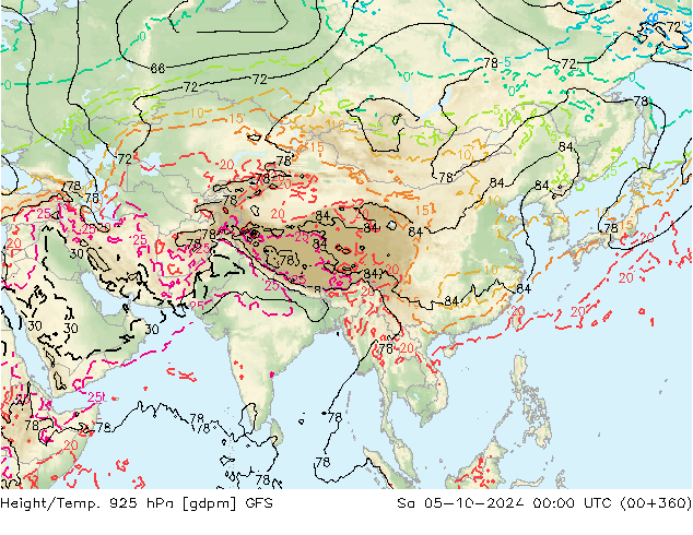 Height/Temp. 925 hPa GFS sab 05.10.2024 00 UTC