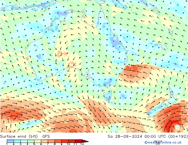 Surface wind (bft) GFS Sa 28.09.2024 00 UTC