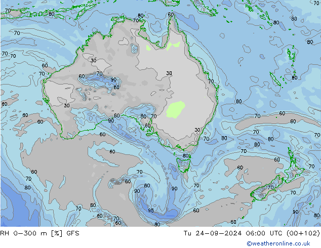 RH 0-300 m GFS Út 24.09.2024 06 UTC