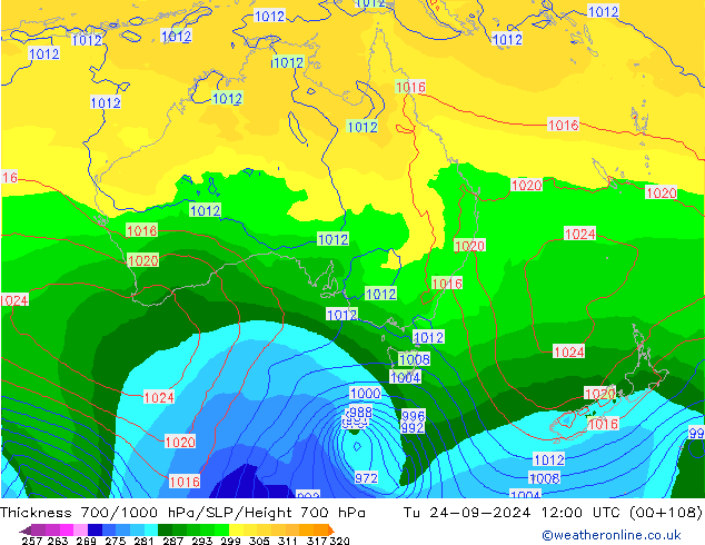 Thck 700-1000 hPa GFS Út 24.09.2024 12 UTC